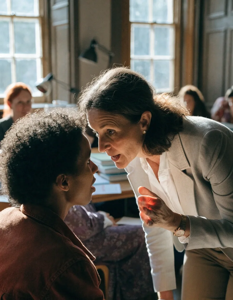 A teacher leaning toward a seated adult learner mid-conversation in a small London English classroom
