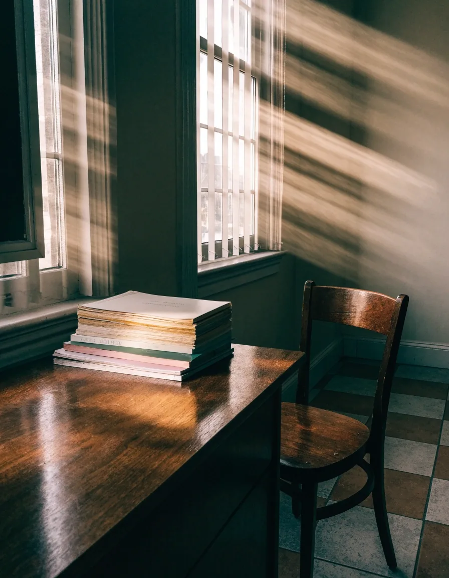 A classroom in London at the end of the day with light from a tall sash window across a desk and stacked books