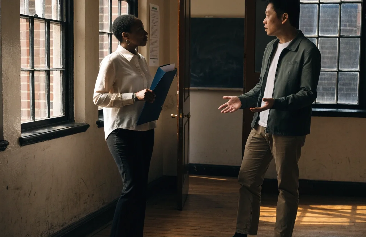 Two English tutors talking through a lesson plan at a corner table before class in a London school room