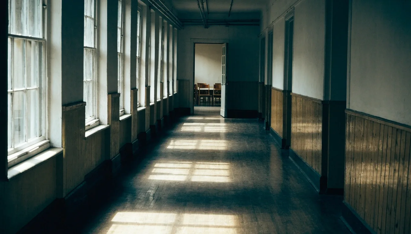 A quiet corridor of a UK English language school with tall windows and a door standing open toward a classroom