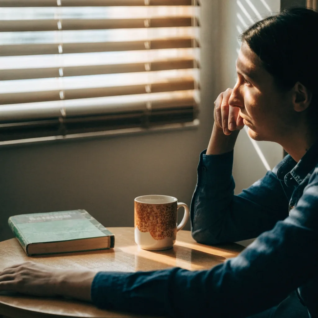 An adult learner sitting alone at a table in a UK English school study room, listening and looking off-camera