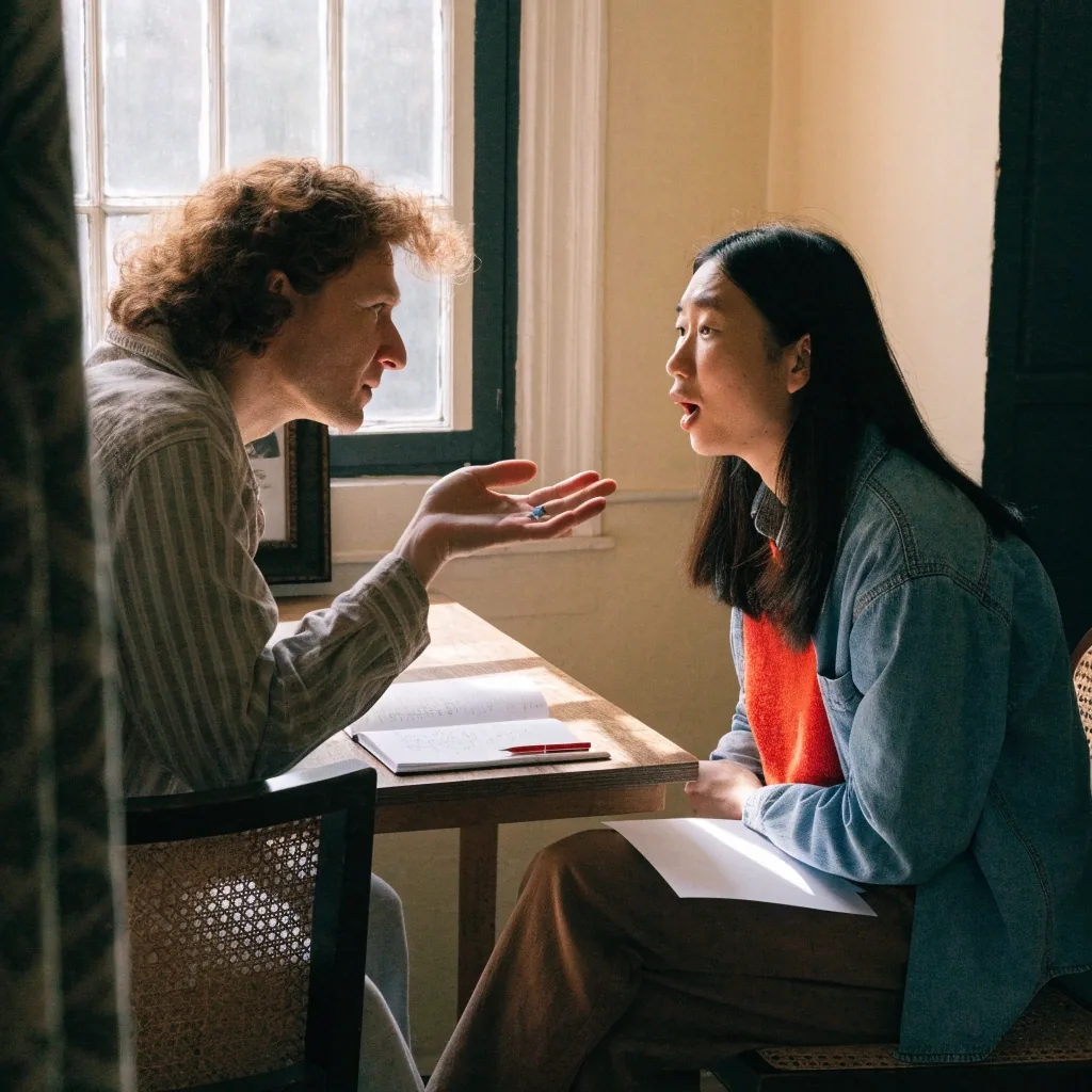 One-to-one English tutorial between an adult learner and a tutor at a small table