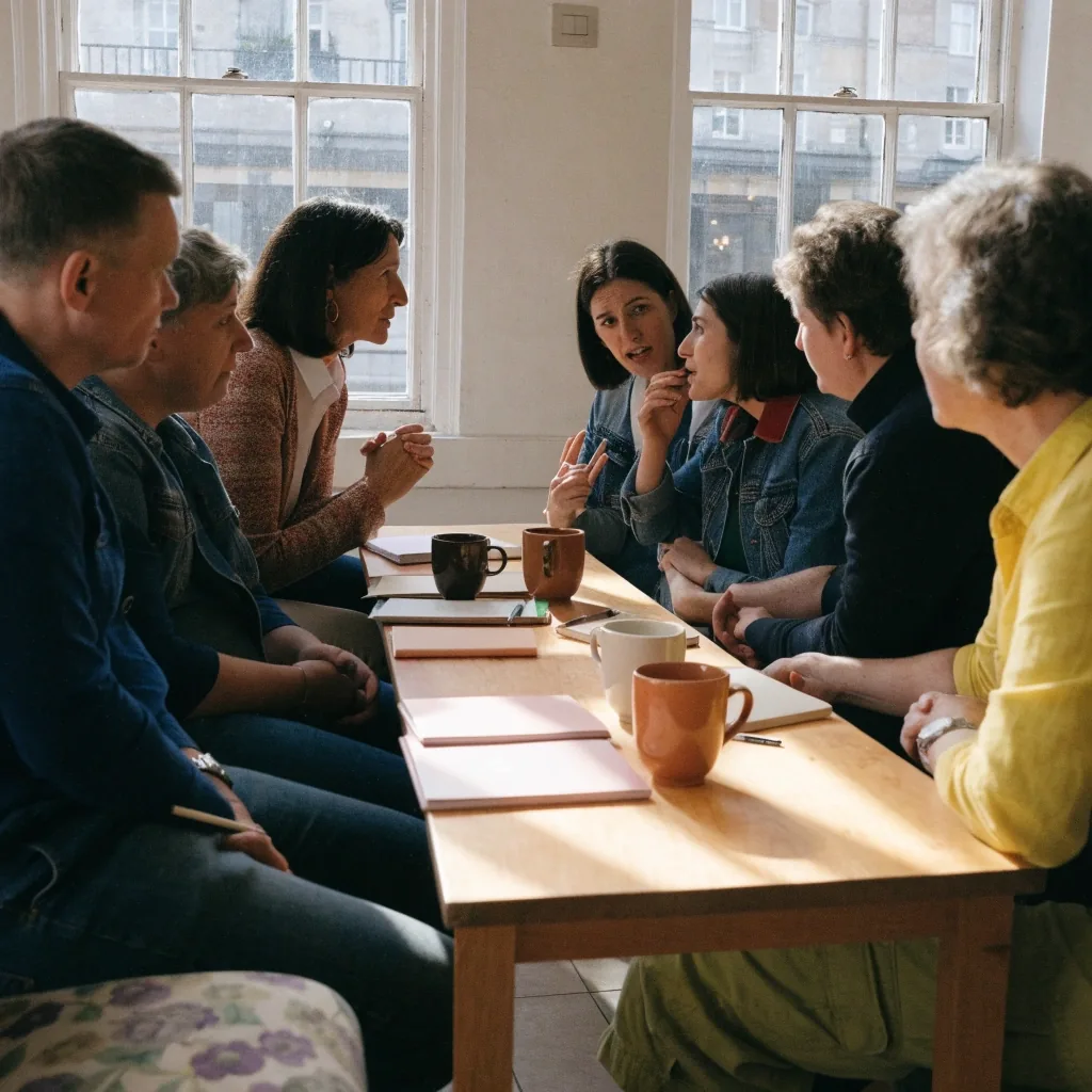Small adult English class mid-conversation around a long table in a London classroom