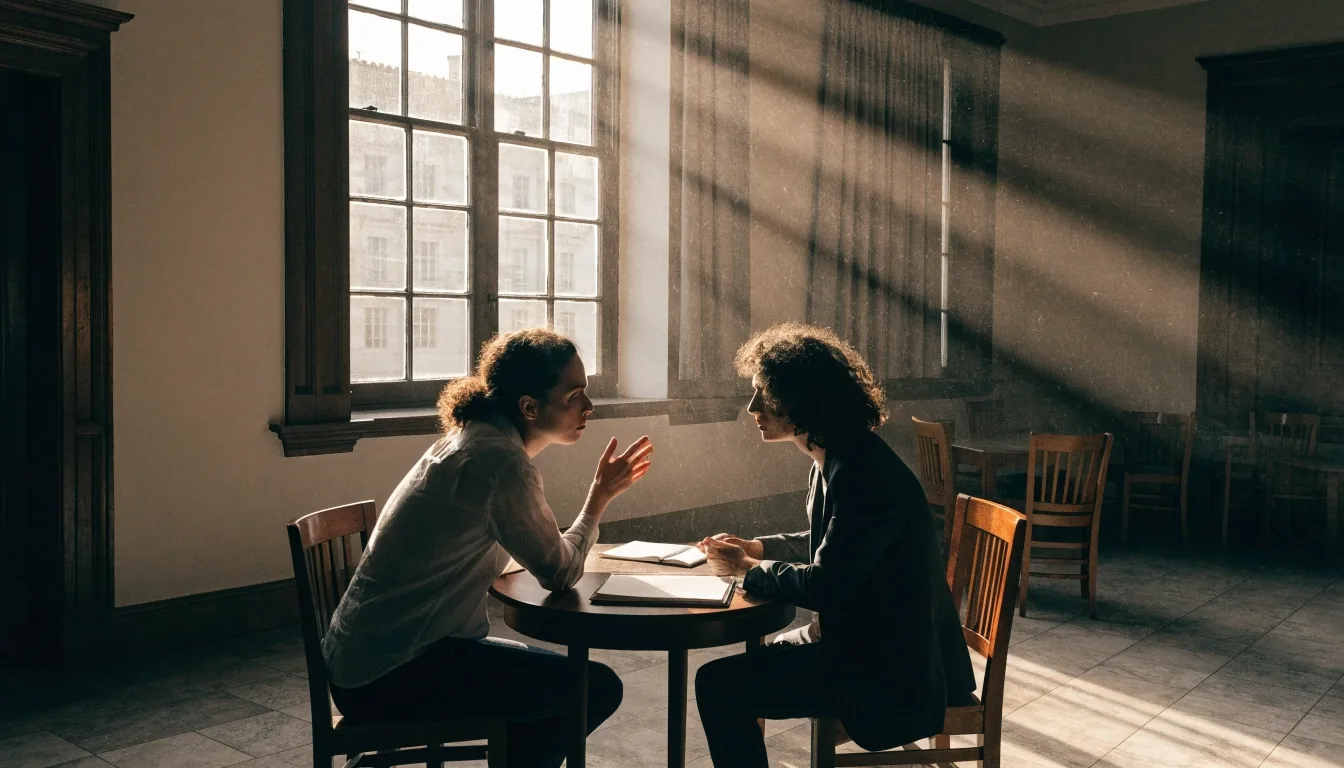 A learner in conversation with a tutor across a small round table in a quiet London study room