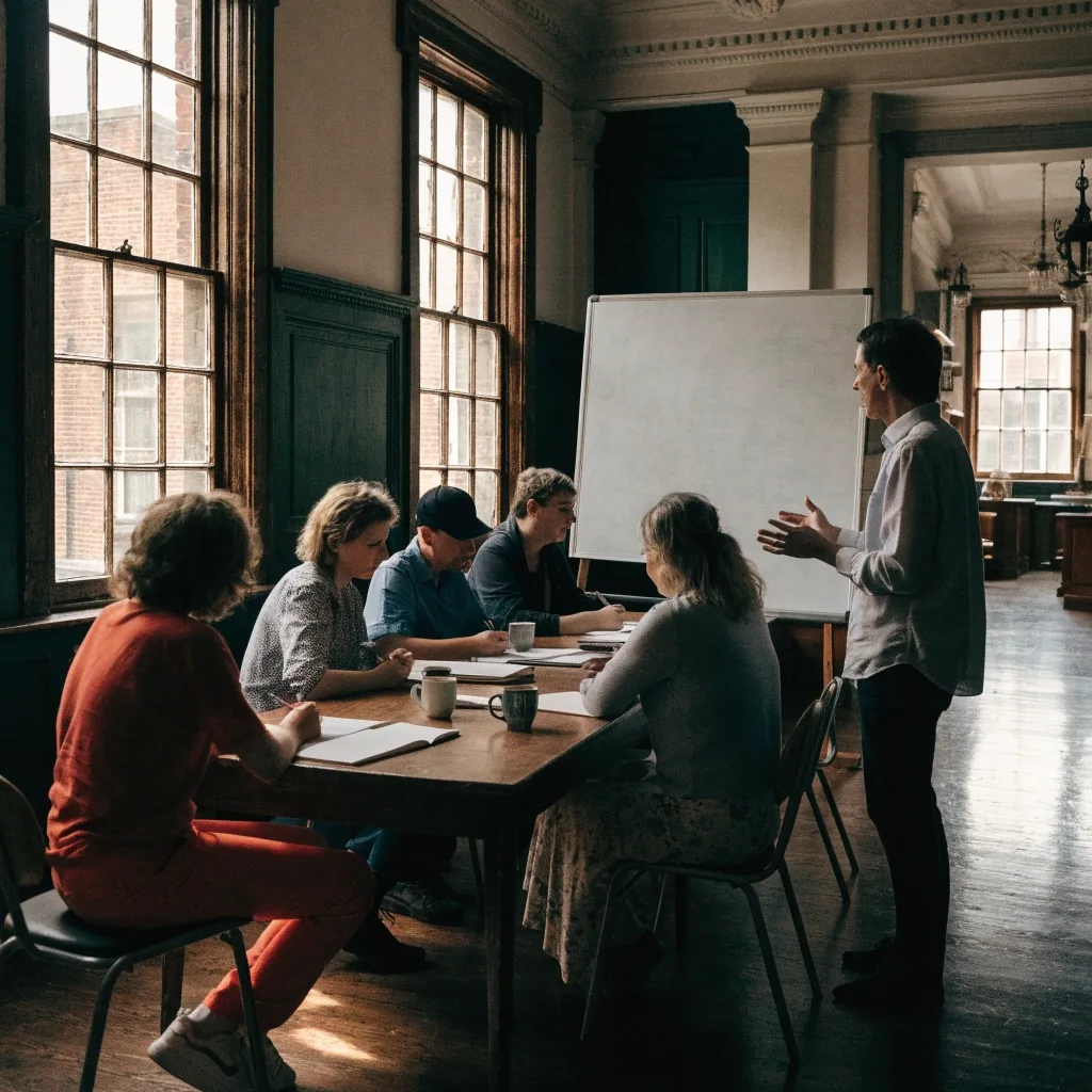 Adult learners around a long table in a bright converted London room during a General English lesson