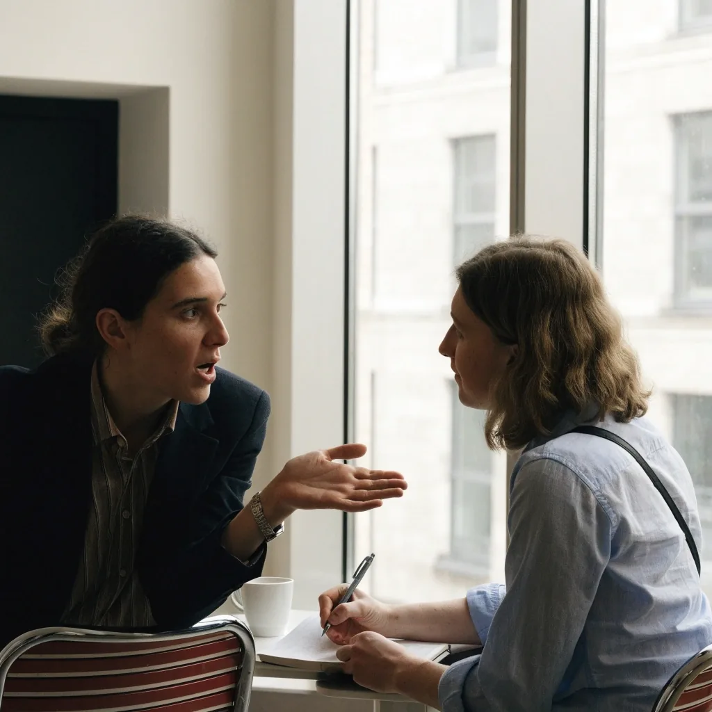 Two professionals mid-conversation in a small London meeting room with a laptop turned away from view