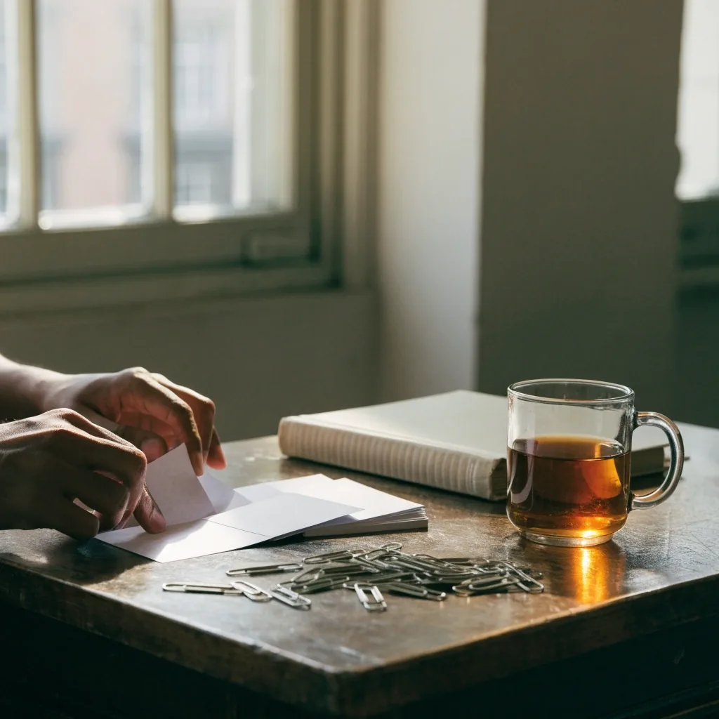 A tabletop of language school lesson materials including a closed workbook, mug and blank index cards