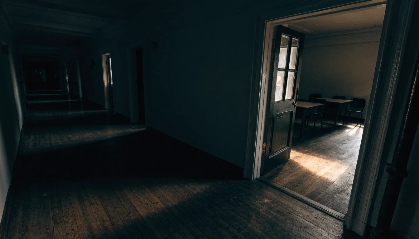 A London language school corridor in the morning with one classroom door propped open onto daylight