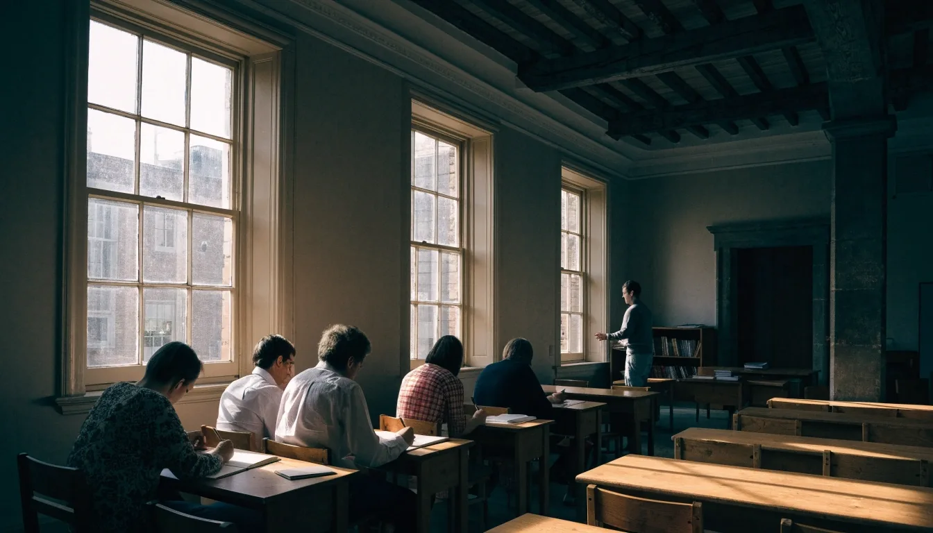 An adult English class working at a long table in a converted London classroom during a morning lesson