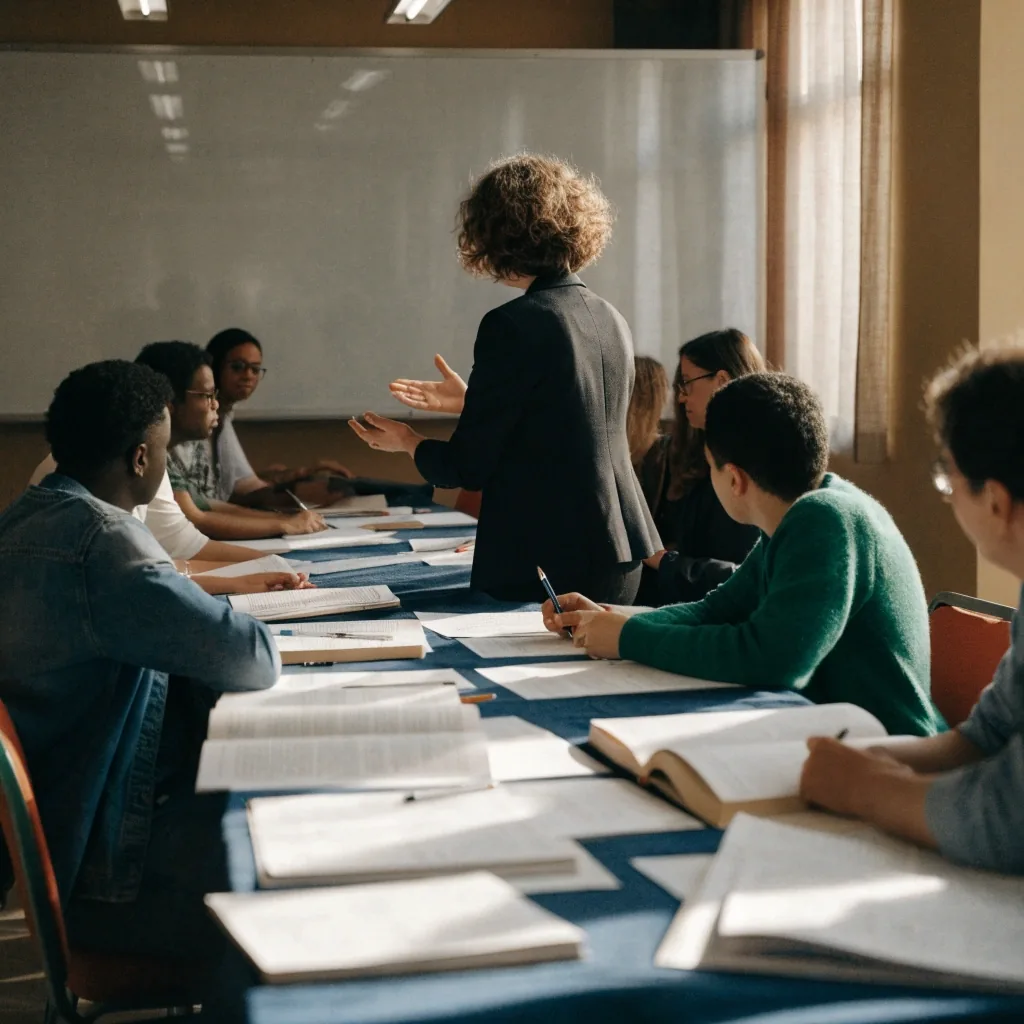 Adult learners in an IELTS preparation class around a long table in a London classroom, tutor standing mid-explanation in raking morning light