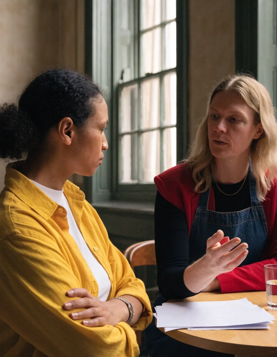 An adult learner at a small round table in conversation with an IELTS tutor, the tutor's hand raised mid-explanation