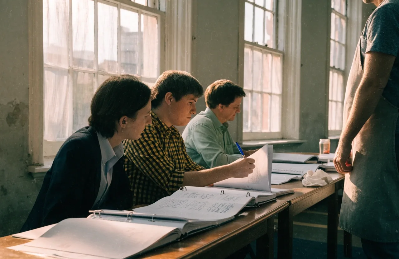 Close view of a ring-bound exercise book open on a table with a pen resting between pages, hand-written answers turned away from camera