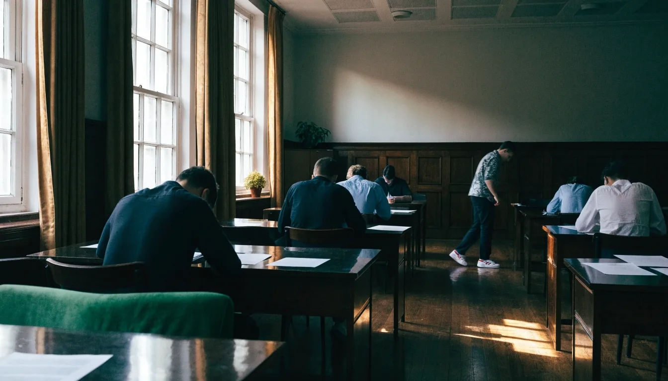 Timed IELTS mock test in progress in a London classroom, learners writing at spaced desks while an invigilator walks the aisle