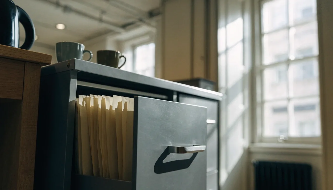 An open filing cabinet drawer in a small London language school office, with folders and mugs on top