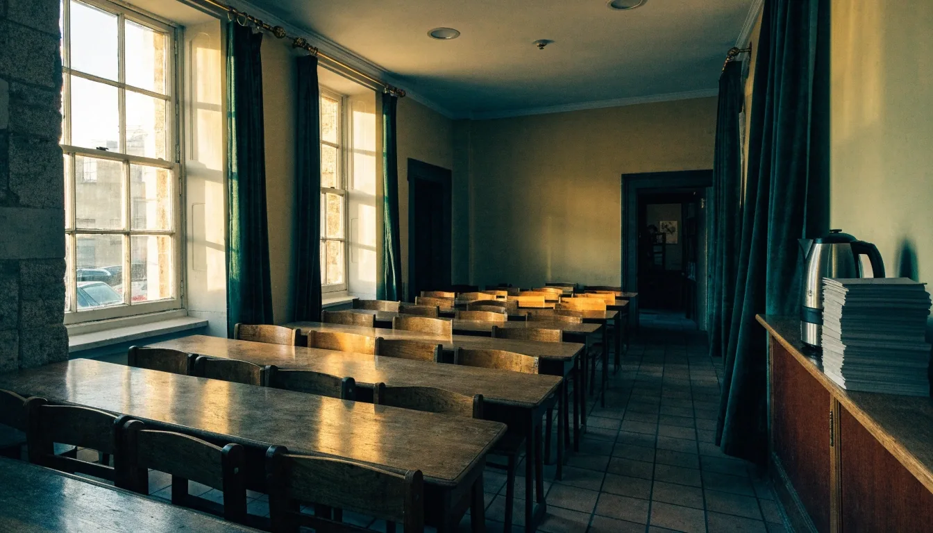 An empty adult English classroom at the end of the day, chairs turned outward around a long table