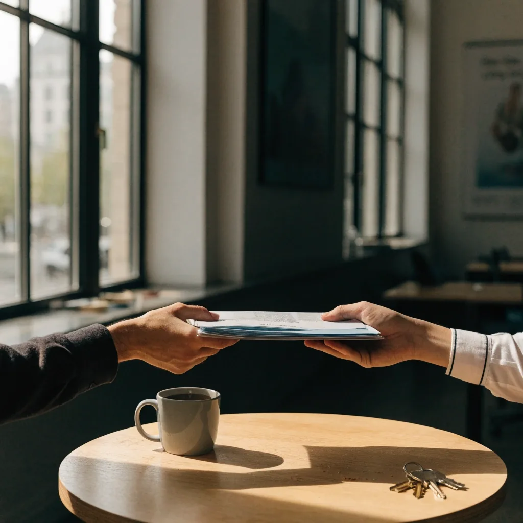 Two hands passing course paperwork across a table in a London language school office