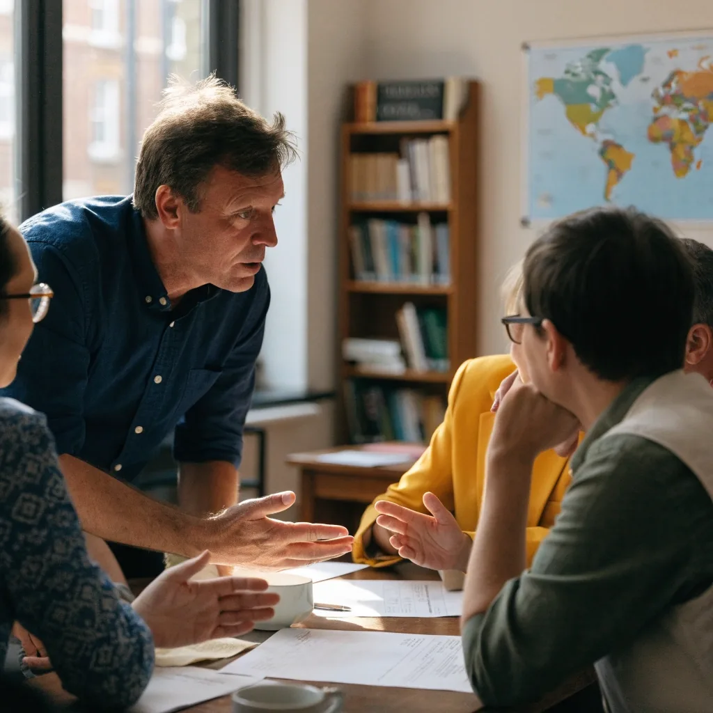 Adult learners' hands on a table during an English class in a London school room