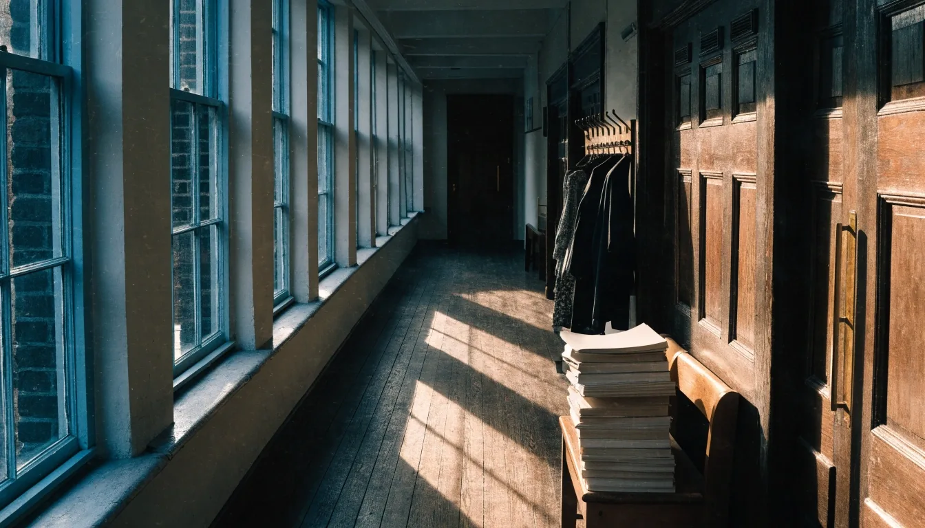 Quiet London English school corridor in afternoon light with a classroom visible through an open door