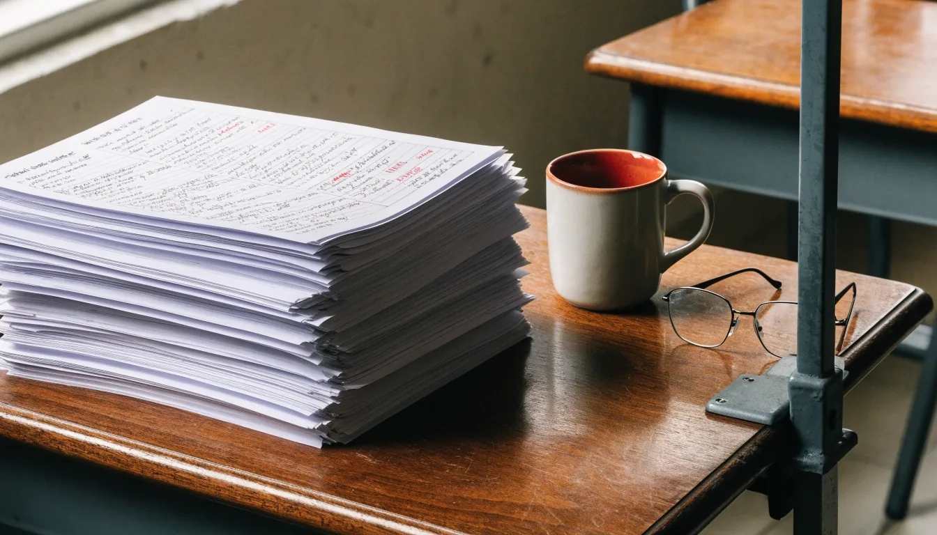 Uncoated class handouts stacked on a London school desk with a mug and reading glasses beside them